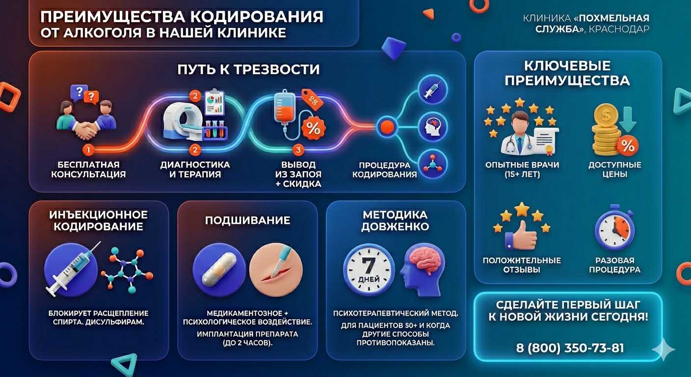 Инфографика о методах кодирования от алкоголя в Знаменке: инъекции, подшивание, метод Довженко. Преимущества клиники и этапы лечения.